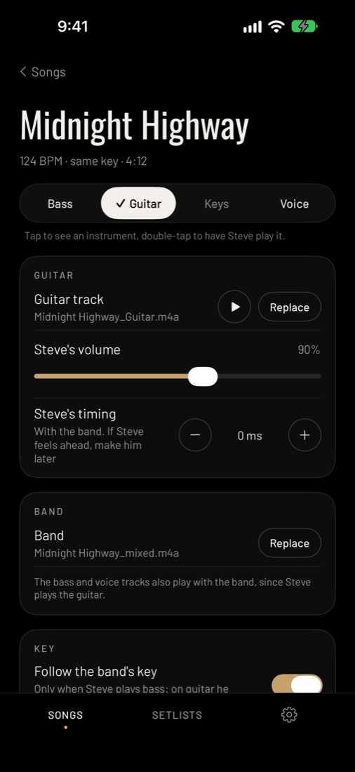A song's page in Steve: tabs Bass, Guitar, Keys and Voice, Steve plays the guitar.